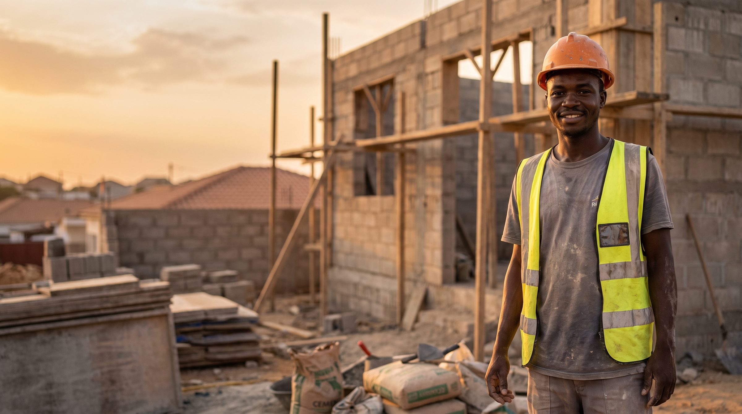 Jovem construtor de colete numa obra em Luanda